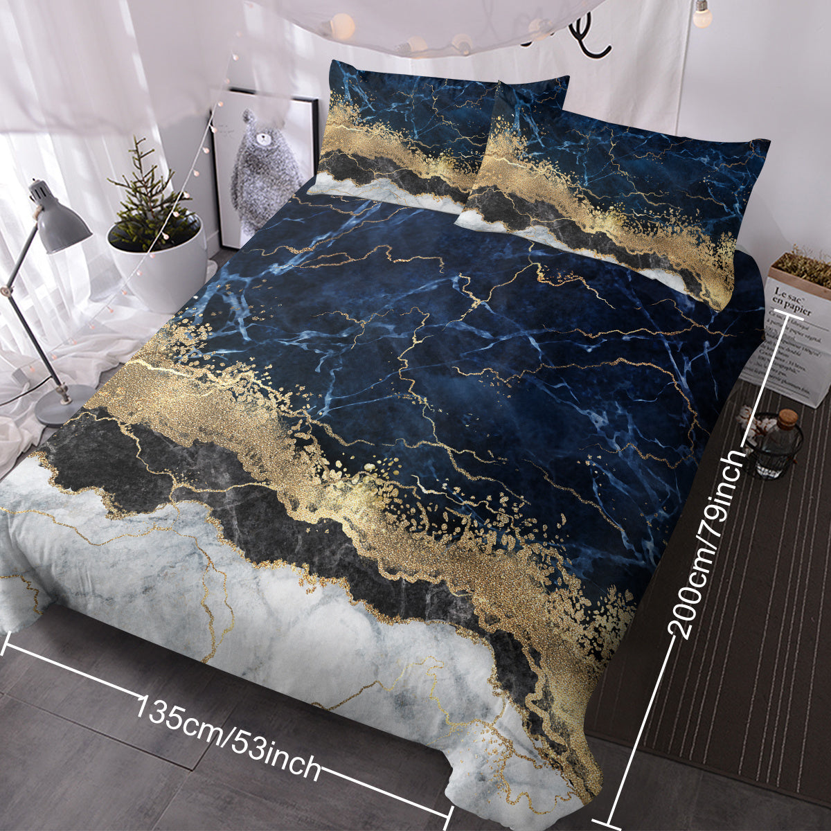US & UK Local Chic Marble Bedding White Marble Gilded Navy Blue Duvet Cover Set Trendy Printed Design Bed Quilt Cover Set King 1 Duvet Cover 2 Pillowcases