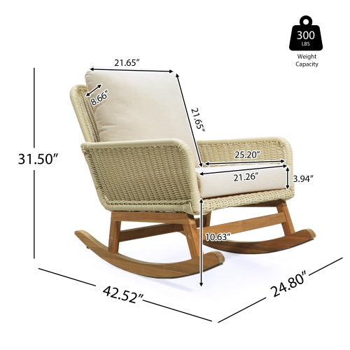 US Local Contemporary Minimalist Ivory Wicker Rocking Chair With Soft Polyester Cushions And Durable Wooden Frame, Perfect For Indoor And Outdoor Spaces Like Patio, Balcony, Or Living Room