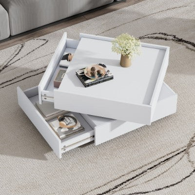 UK Local Square 360 Rotating Coffee Table With 2 Drawers, Wooden 2-Tier Center Table With Swivel Tabletop And Storage, Tea Table , WhiteTable Frame Side Table For Living Room
