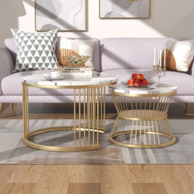 UK Local Round Coffee Tables, Removable Set Of 2 End Table, Nesting Tables With Gold Metal Frame Legs And Marble Pattern Top For Living Room, Bedroom, Office, Balcony, Apartment