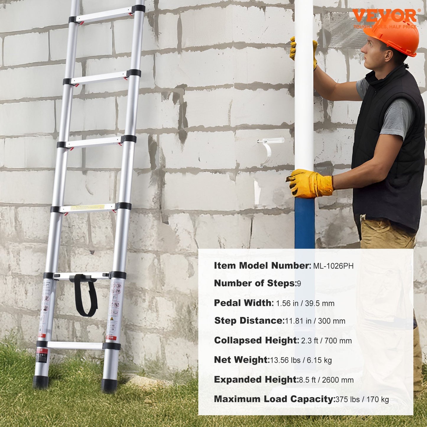 US Local VEVOR Telescoping Extension Ladder 8.5FT One-button Retraction 375 LBS Capacity