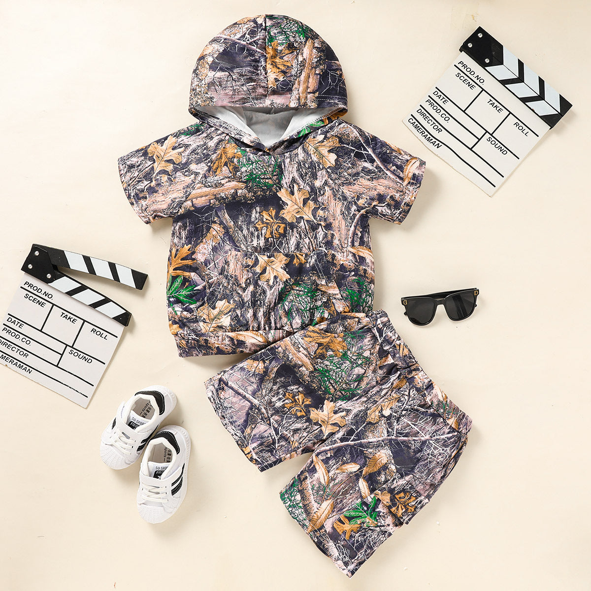 US Local Toddler Baby Boy Outfits Little Boys Short Sleeve Camouflage Print Hoodie Sweatshirt Shirts & Short Pants With Pocket