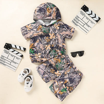 US Local Toddler Baby Boy Outfits Little Boys Short Sleeve Camouflage Print Hoodie Sweatshirt Shirts & Short Pants With Pocket