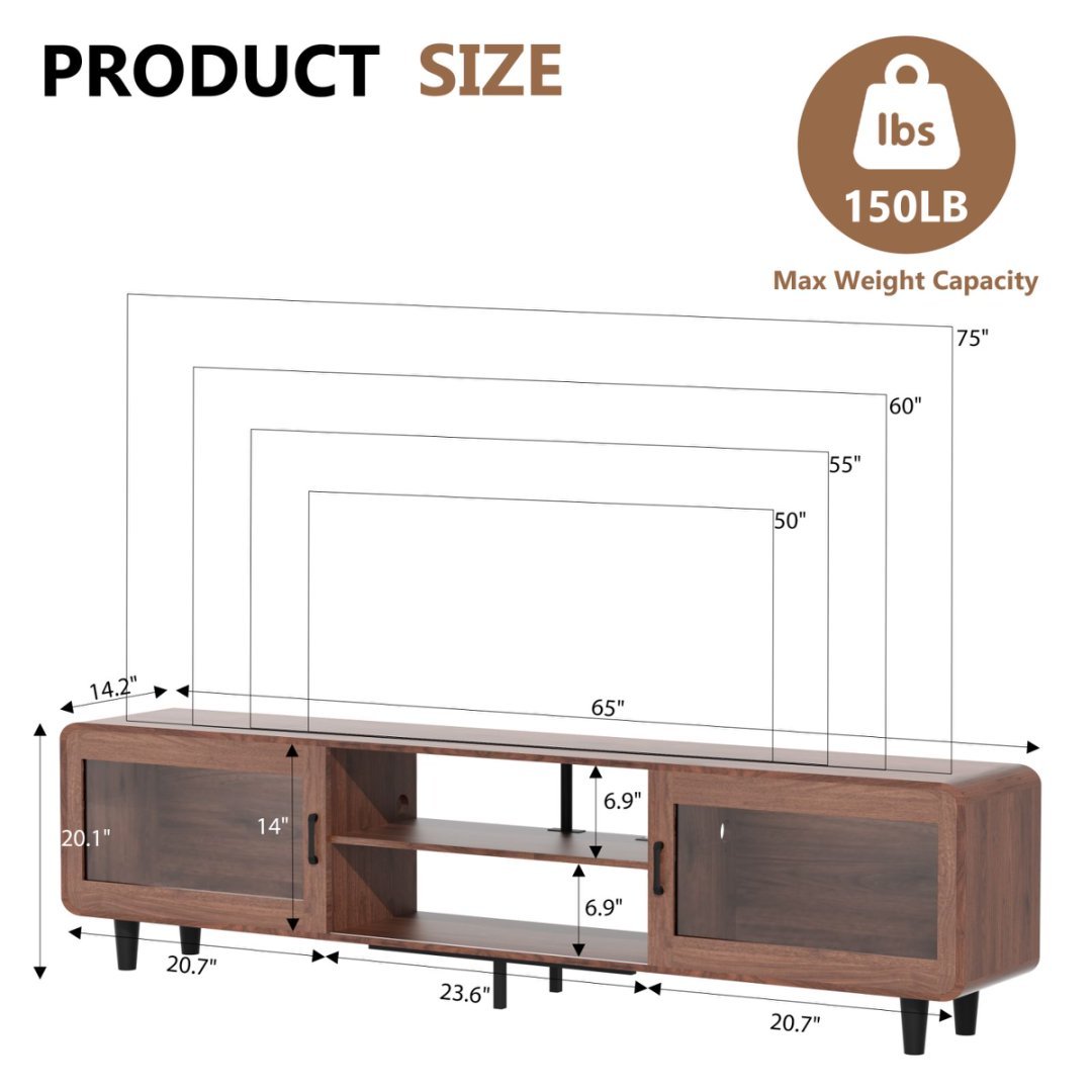 US Local Mid Century Modern TV Stand For 55,60,65,70 Inch TV, Wood Entertainment Center With Power Outlets, Media Console With Sliding Doors And Open Shelf For Living Room, Walnut