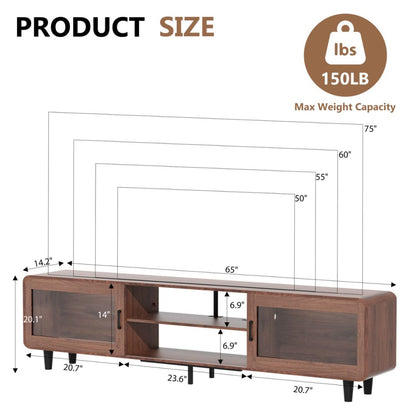 US Local Mid Century Modern TV Stand For 55,60,65,70 Inch TV, Wood Entertainment Center With Power Outlets, Media Console With Sliding Doors And Open Shelf For Living Room, Walnut