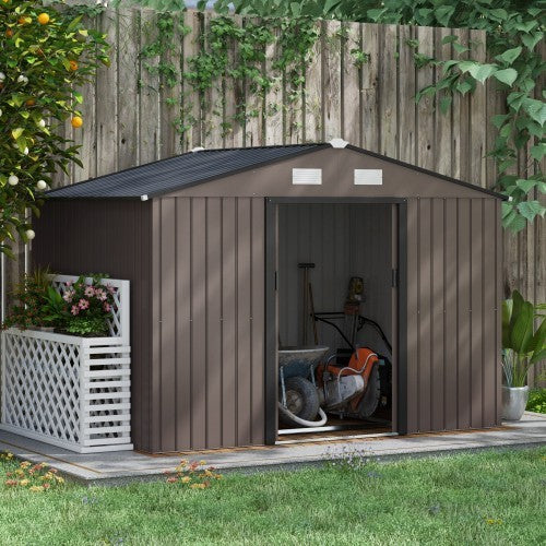 UK Local Outsunny 9 X 6ft Metal Garden Shed, Outdoor Storage Tool House With Ventilation Slots, Foundation Kit And Lockable Double Doors, Brown