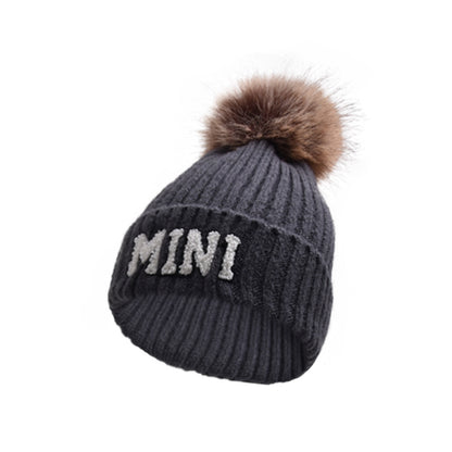 Letter MAMA Woolen Cap Outdoor Fur Ball Warm Hat