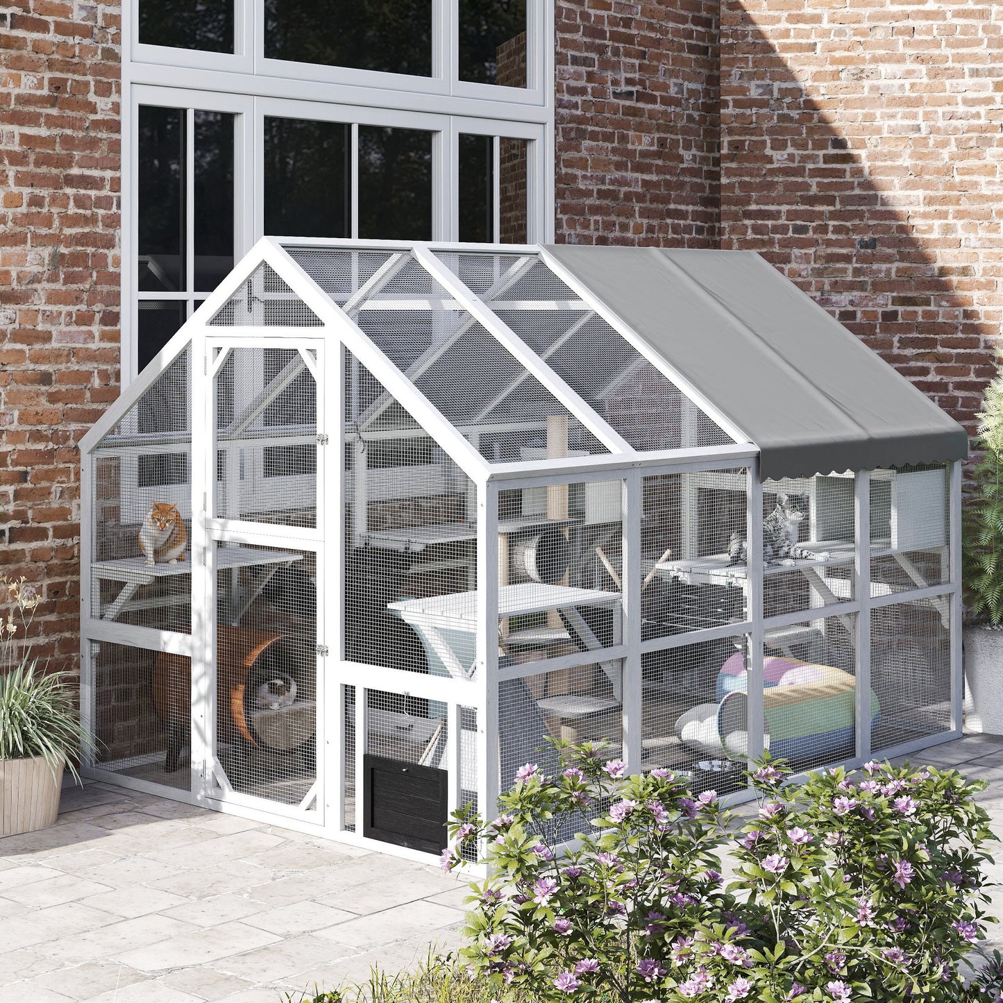 US Local Wooden Catio Outdoor Cat Enclosure With Waterproof Cover, 2 Condos, 6 Platforms, Bridge, Doors, White