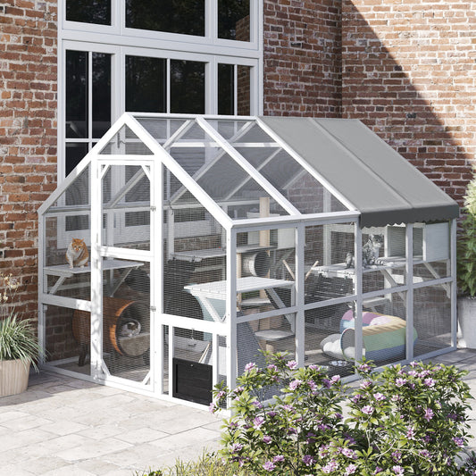 US Local Wooden Catio Outdoor Cat Enclosure With Waterproof Cover, 2 Condos, 6 Platforms, Bridge, Doors, White