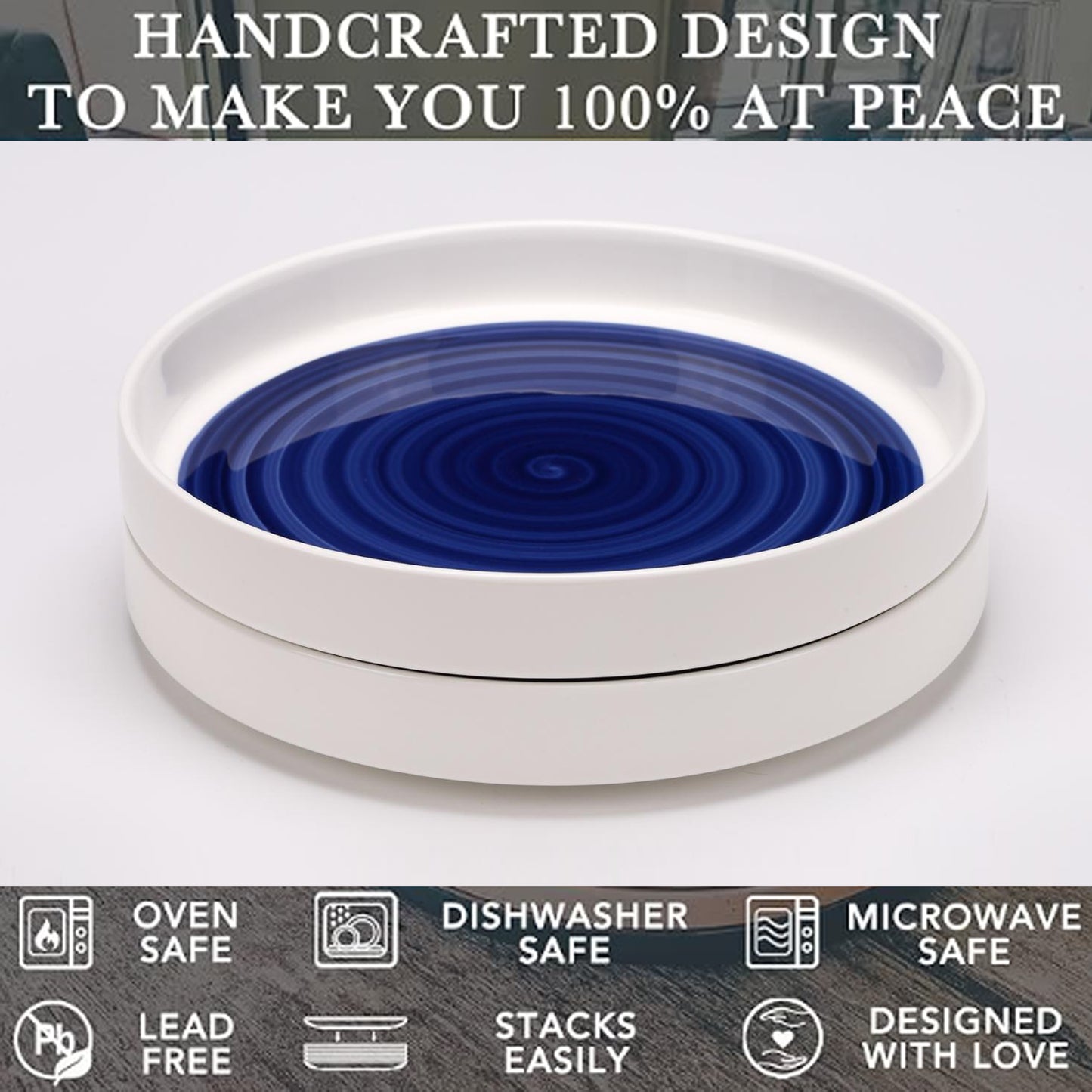 US Local White-Blue Ceramic Dinner Plates Set of 2 - Microwavable Plates for Heating Food Stylish Dinner Plates Dishwasher Safe Ceramic Plates