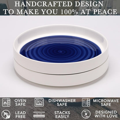 US Local White-Blue Ceramic Dinner Plates Set of 2 - Microwavable Plates for Heating Food Stylish Dinner Plates Dishwasher Safe Ceramic Plates