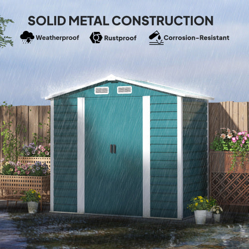 UK Local Outsunny 7 X 4ft Garden Shed, Easy To Assemble, Upgraded Galvanised Steel Frame With Foundation Kit, Double Doors With Lock, Outdoor Metal Shed With Vents And Gloves, Garden Storage Shed, Green