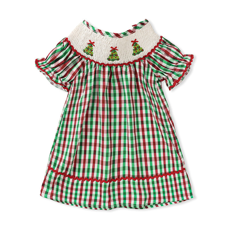 US Local Toddler Infant Baby Girls Christmas Dress Short Sleeve Christmas Tree Embroidered Plaid Casual Party Dresses
