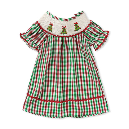 US Local Toddler Infant Baby Girls Christmas Dress Short Sleeve Christmas Tree Embroidered Plaid Casual Party Dresses