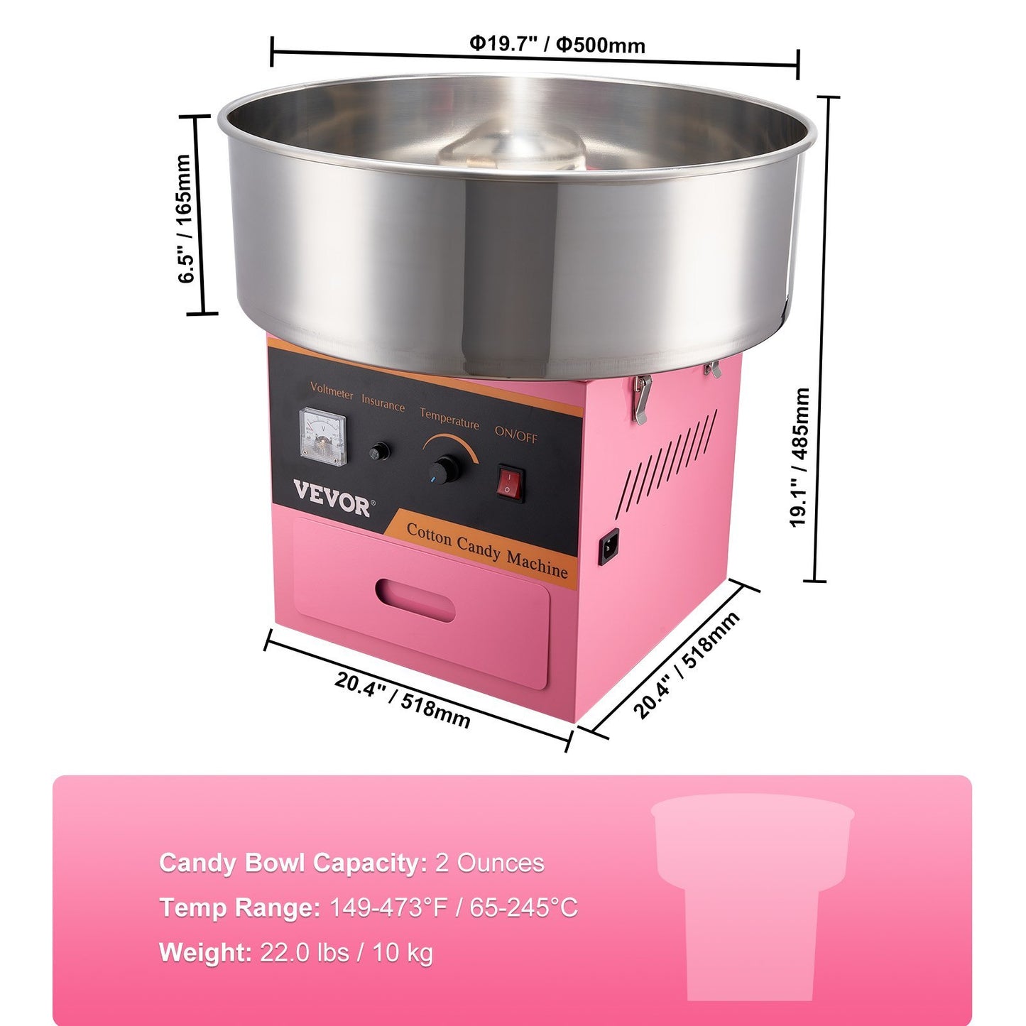 US Local VEVOR Electric Cotton Candy Machine, 1000W Candy Floss Maker, Commercial Cotton Candy Machine With Stainless Steel Bowl, Sugar Scoop, And Drawer, Perfect For Home Kids Birthday, Family Party Pink