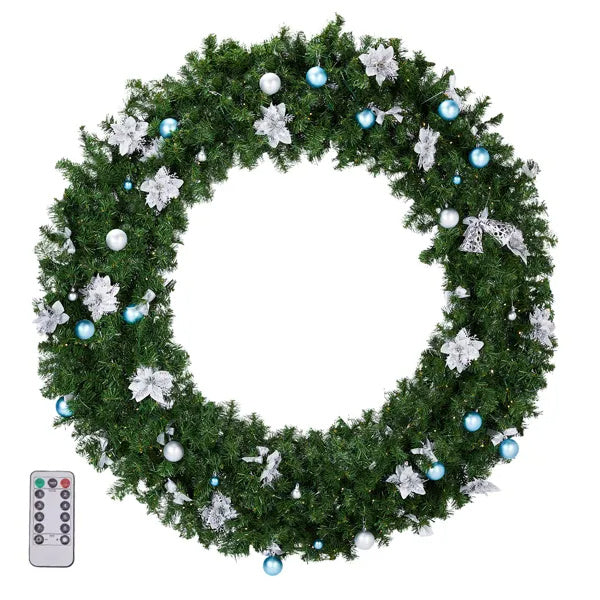 US Local 60in Pre-lit Christmas Wreath, Lighted Artificial Xmas Wreath With 220 Cold & Warm White Lights And 600 PVC Tips And DIY Ornaments, For Front Door Gate Wall Xmas Party Decorations, Light Green