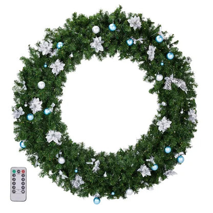 US Local 60in Pre-lit Christmas Wreath, Lighted Artificial Xmas Wreath With 220 Cold & Warm White Lights And 600 PVC Tips And DIY Ornaments, For Front Door Gate Wall Xmas Party Decorations, Light Green