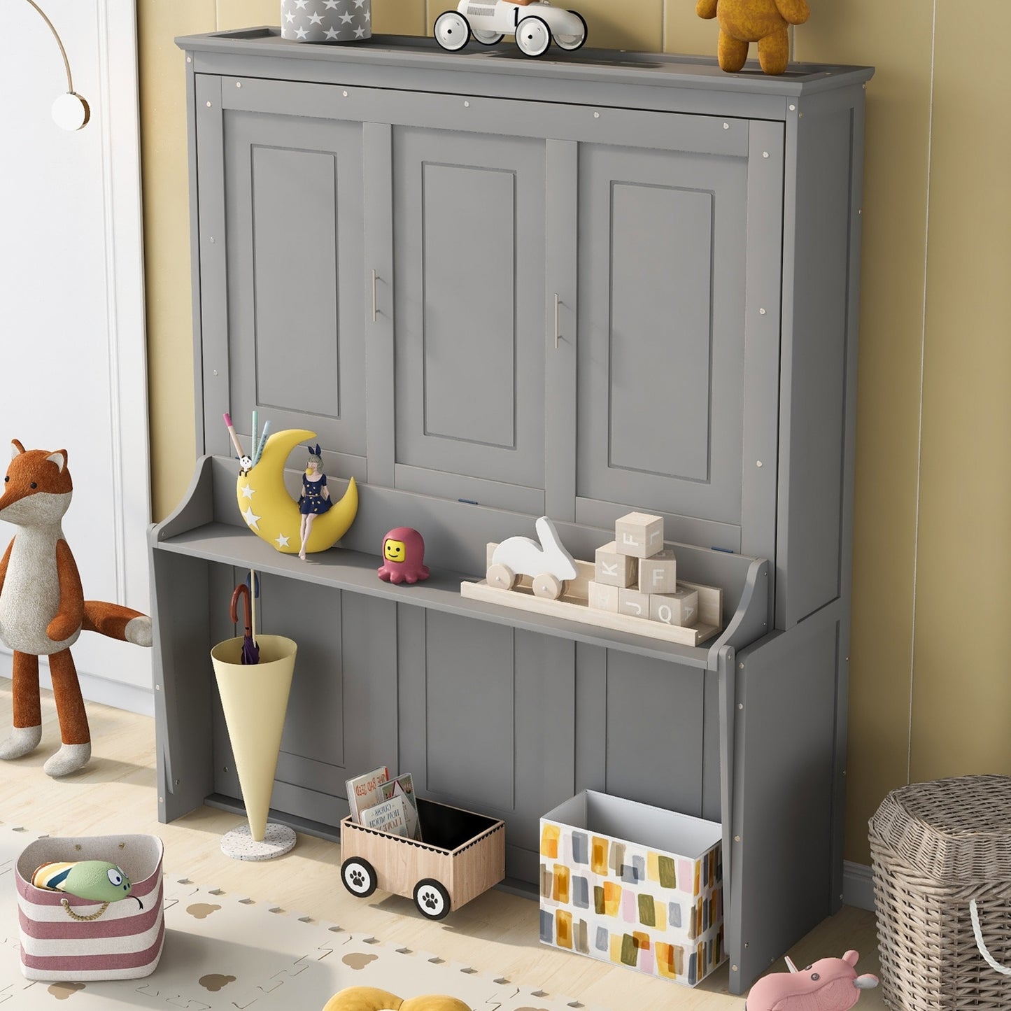 US Local Queen Size Murphy Bed With A Shelf, Gray