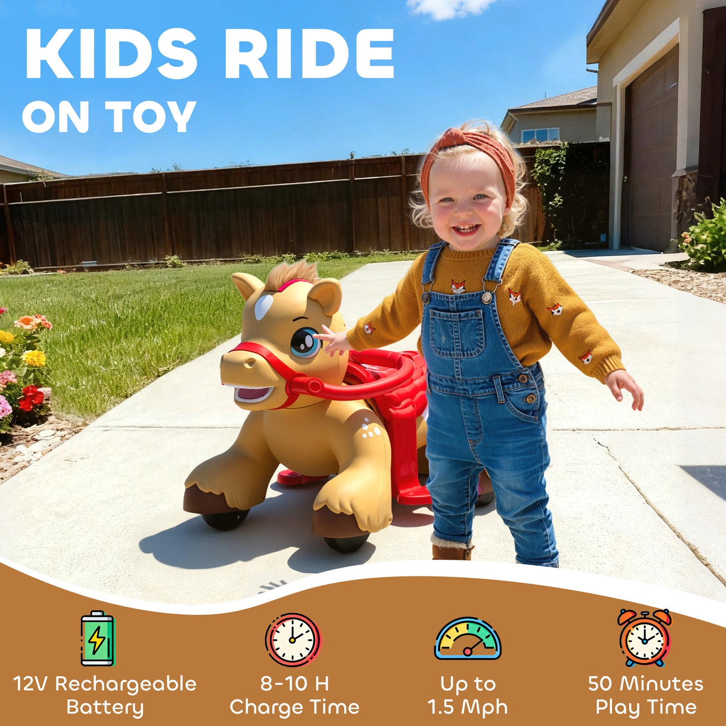 US Local Ride On Horse Toy, 12V Battery Powered Ride on Toy with Carrot Toy, Comb and Sound, Electric Rocking Horse for Toddlers