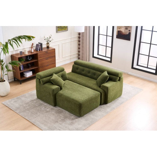 US Local LY-029B WHITE COMPRESSION SOFA Combining Chaise Longue With 3-seater  Wood Grain Chenille Fabric, Full Sponge Compression Sofa,combined Sofa With 2 Pillows For Living Home Furniture