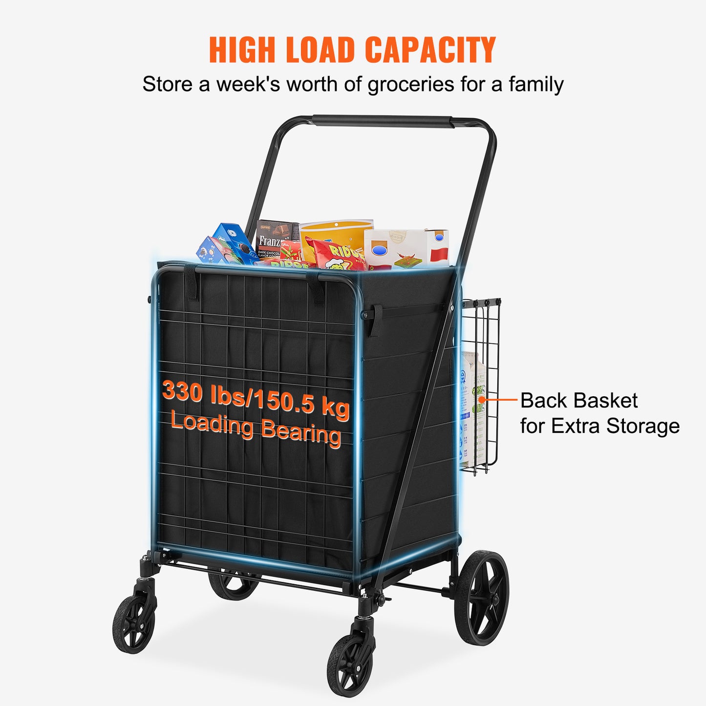 US Local VEVOR Folding Shopping Cart With Removable Waterproof Liner, 330LBS Large Capacity Jumbo Grocery Cart With Dual Basket,  Swivel Wheels, Dense Metal Mesh Base, Heavy Duty Utility Cart For Shopping