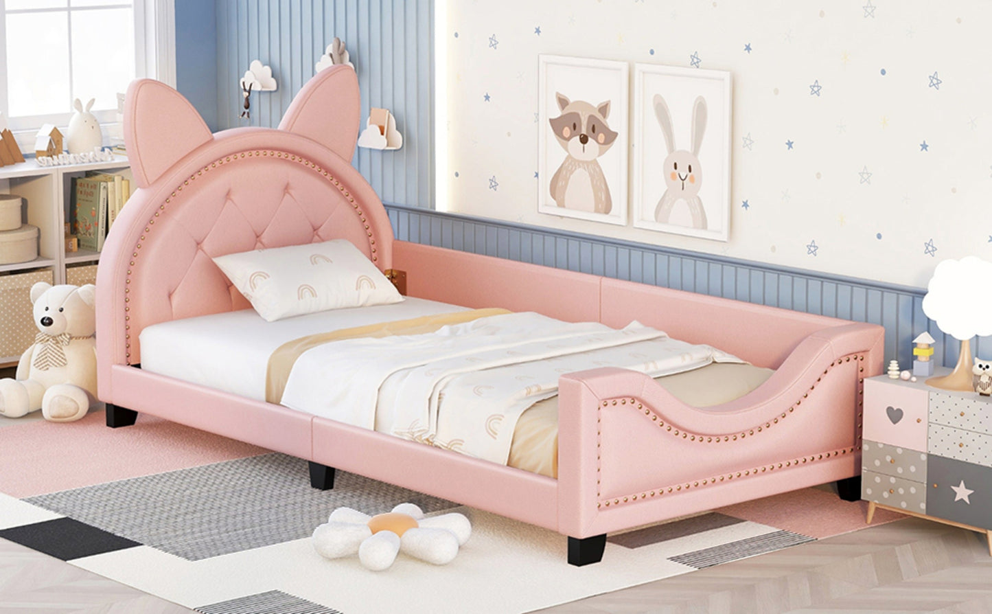US Local Twin Size Upholstered Daybed With Carton Ears Shaped Headboard