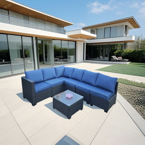 US Local Seven-Piece Sofa Set Table With Sofa Chair Black PE Rattan Outdoor Furniture 7-JH001 Box 3-1-2-3 With Blue Color Cushion