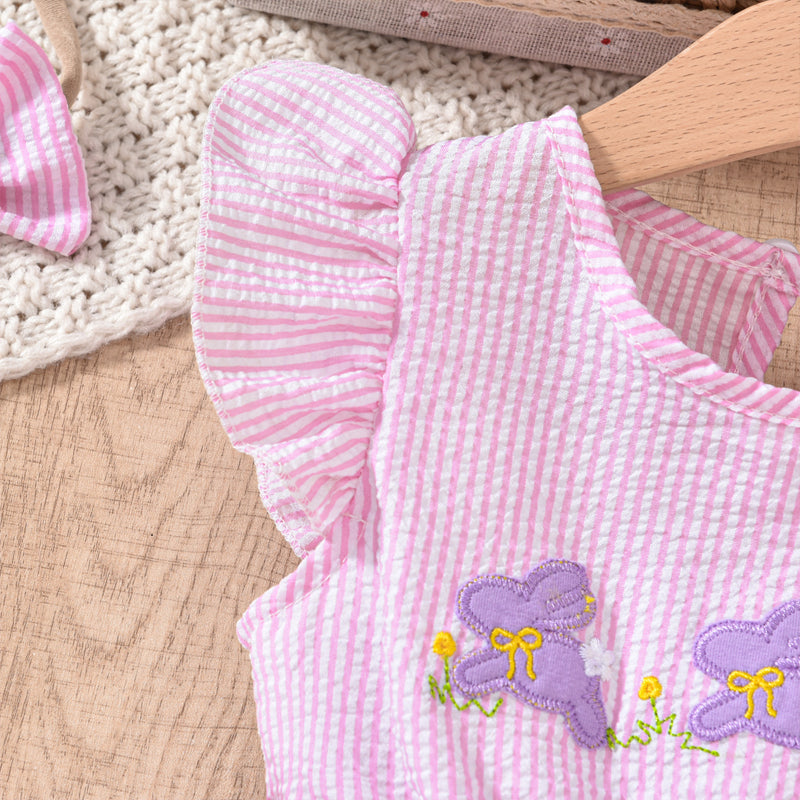 US Local Toddler Girl's Bunny Embroidered Dress, Round Neck Short Sleeve A-Line Dress With Back Button Closure