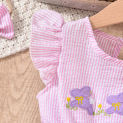 US Local Toddler Girl's Bunny Embroidered Dress, Round Neck Short Sleeve A-Line Dress With Back Button Closure