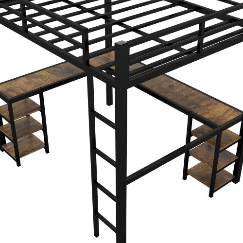 US Local Full XL Metal Loft Bed With Desk And Shelves, Loft Bed With Ladder And Guardrails, Loft Bed Frame For Bedroom, Black