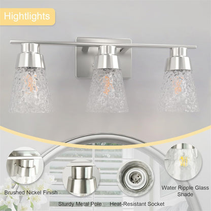 US Local 3 Light Brushed Nickel Bathroom Vanity Light Fixtures With Clear Hammered Glass Shade, 22 Inch Bathroom Lighting Fixtures Over Mirror, For Bathroom Shower Toilet