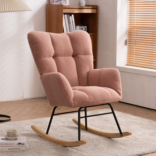 UK Local New Modern Teddy Fabric Tufted Upholstered Rocking Chair With Pull-out Footrest