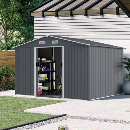 US Local Outdoor Storage Shed 8 X 10 FT Large Metal Tool Sheds  Heavy Duty Storage House With Sliding Doors With Air Vent For Patio Lawn To Store Bikes Tools, Lawnmowers Grey
