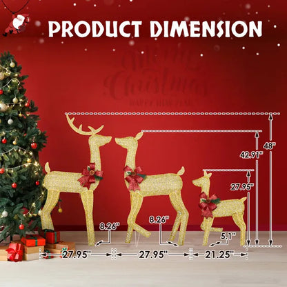 3-Piece Lighted Christmas Reindeer Family Set Outdoor Decorations, Weather Proof 2D Deer Family Set Of 3 Christmas Ornament Home Decor Pre-lit 200 LED Warm White Lights With Stakes, Golden