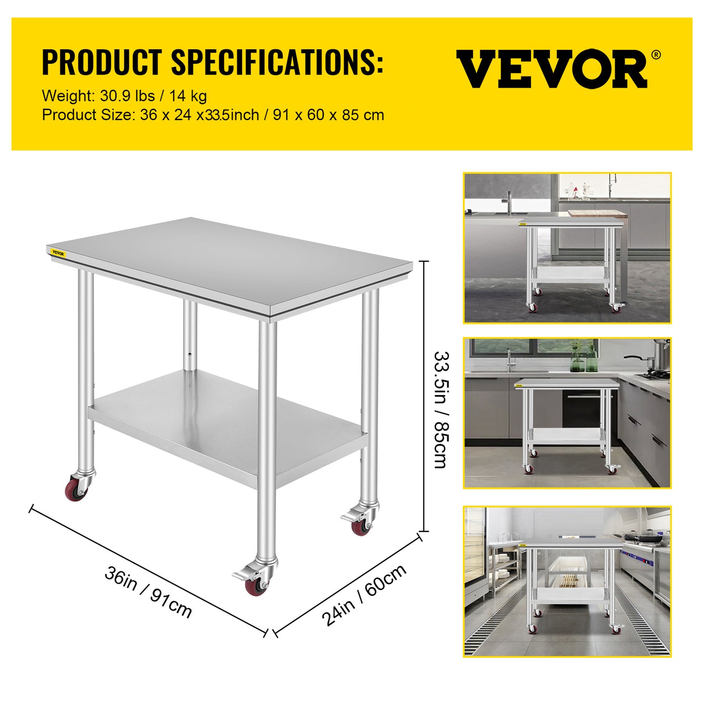 US Local VEVOR Stainless Steel Work Table 36x24 Inch With 4 Wheels Commercial Food Prep Worktable With Casters Heavy Duty Work Table For Commercial Kitchen Restaurant