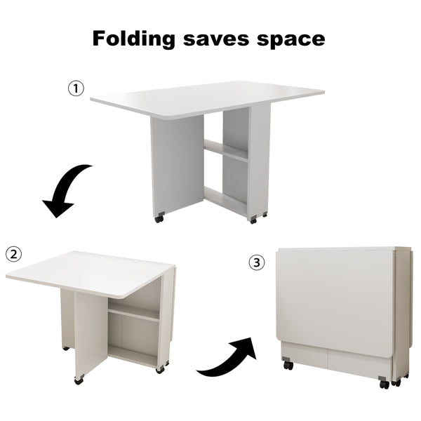 US Local Folding Drop Leaf Dining Table With 6 Wheels And 2-Layer Storage Shelf, Space Saving Table For Small Spaces, 47.2 Inch D X 23.6 Inch W X 30.3 Inch H, White