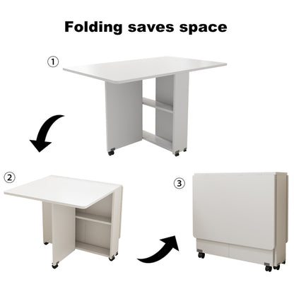 US Local Folding Drop Leaf Dining Table With 6 Wheels And 2-Layer Storage Shelf, Space Saving Table For Small Spaces, 47.2 Inch D X 23.6 Inch W X 30.3 Inch H, White