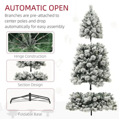 US Local HOMCOM 6.5 Ft Pre-Lit Artificial Christmas Tree With 350 Clear Lights And 1107 Tips, Snow Flocked Christmas Tree With Metal Stand, Hinged Xmas Tree For Home Office Holiday, Green