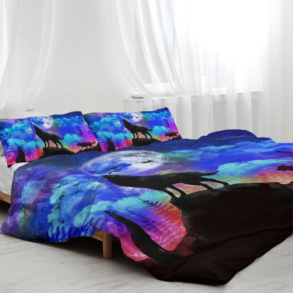 US & UK Local Moon Wolf Duvet Cover Set Single 3pcs Colorful Microfiber Kids Bedding Set