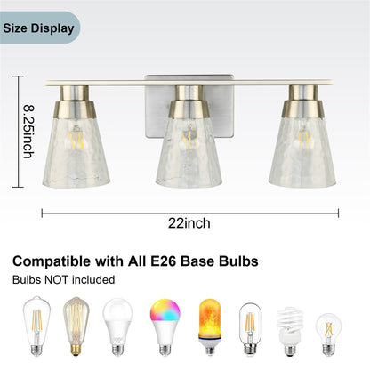 US Local 3 Light Brushed Nickel Bathroom Vanity Light Fixtures With Clear Hammered Glass Shade, 22 Inch Bathroom Lighting Fixtures Over Mirror, For Bathroom Shower Toilet