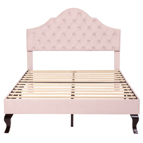 UK Local Upholstered Bed With Slatted Frame And Headboard, 4ft6 Double Bed,135x190,Upholstered Bed With Height-adjustable Headboard, Youth Bed, Wooden Slat Support, Easy Assembly, Velvet, Pink