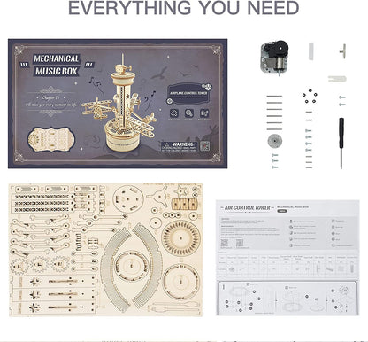 US Local Robotime Rokr 3D Wooden Puzzles For Adults DIY Musical Box Model Kit To Build Self-Assembly Building Kit Airplane- Control Tower