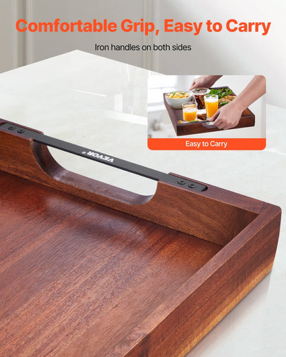 US Local Serving Tray 17x12.2 Inch Acacia Food Serving Table Laptop Desk With Handles
