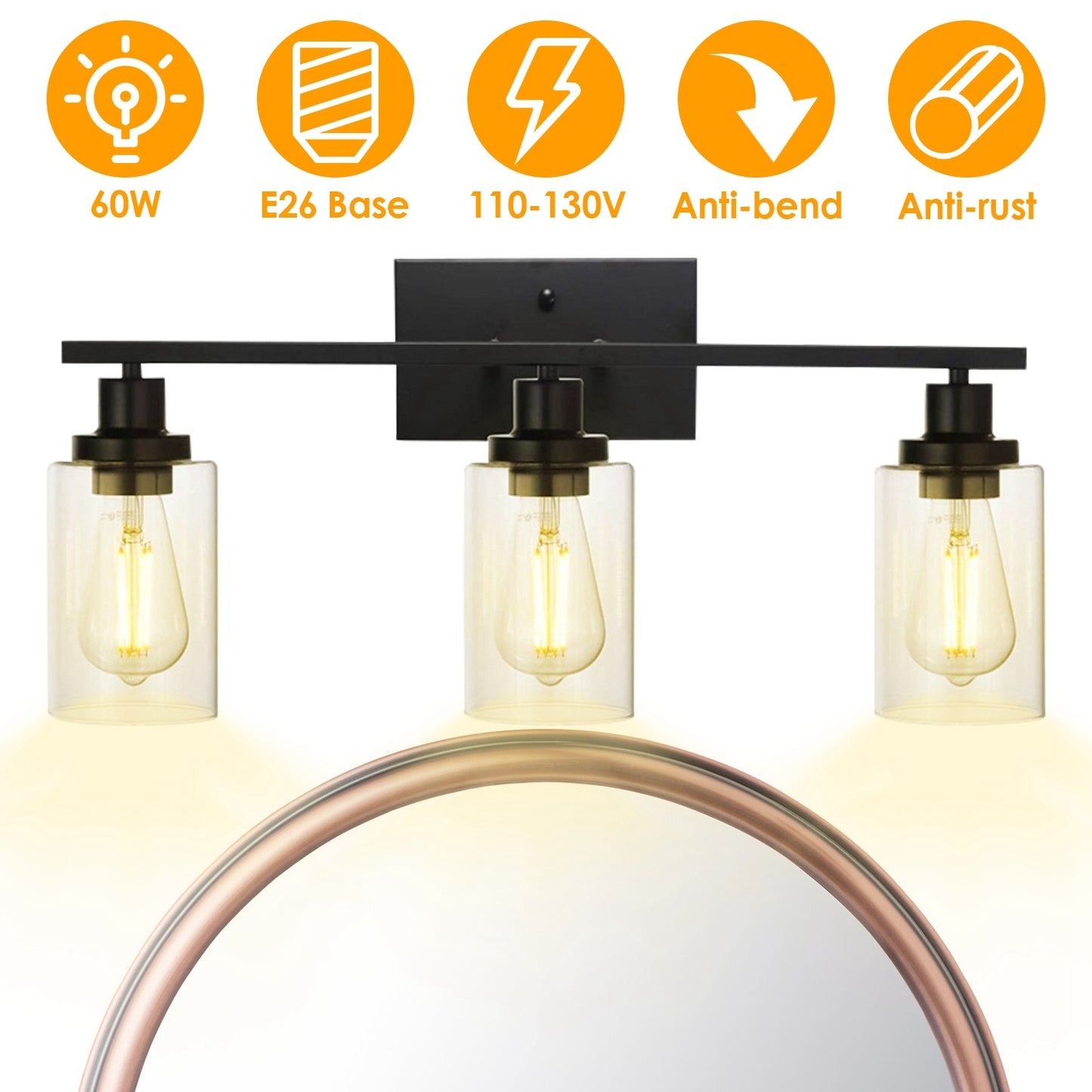 US Local 1Pc 3-Light Wall Sconce Lighting With Clear Glass Shade Bathroom Vanity Lamp Fixture Modern Mounted Light For Porch Mirror Living Room Bedroom Hallway