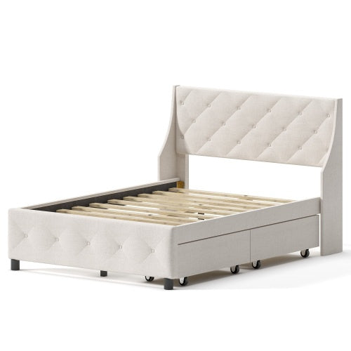 US Local Queen Size Bed Frame With Storage Headboard, Metal Platform Bed No Noise, Mattress Foundation Strong Metal Slats Support No Box Spring Needed