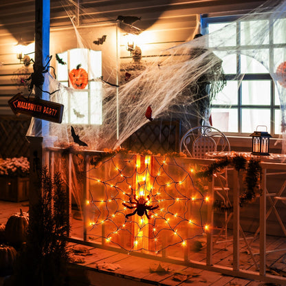 US Local 3.28FT Spider Web Light With Hairy Spider 70LED Battery Powered Remote Control 8 Lighting Modes Glowing Outdoor Indoor Wall Halloween Decoration