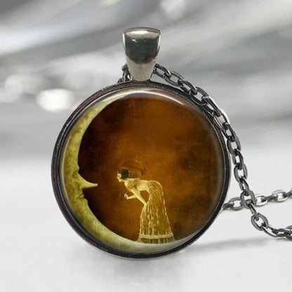 Retro Mysterious Moon Girl Glass Pendant Time Gem Cabochon Necklace