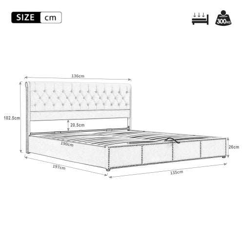 UK Local Upholstered Bed,Double Bed-4ft6 135x190cm ,with Hydraulic Lever, Functional Storage Bed, Rivet Decoration, Without Mattress, Linen, Light Grey