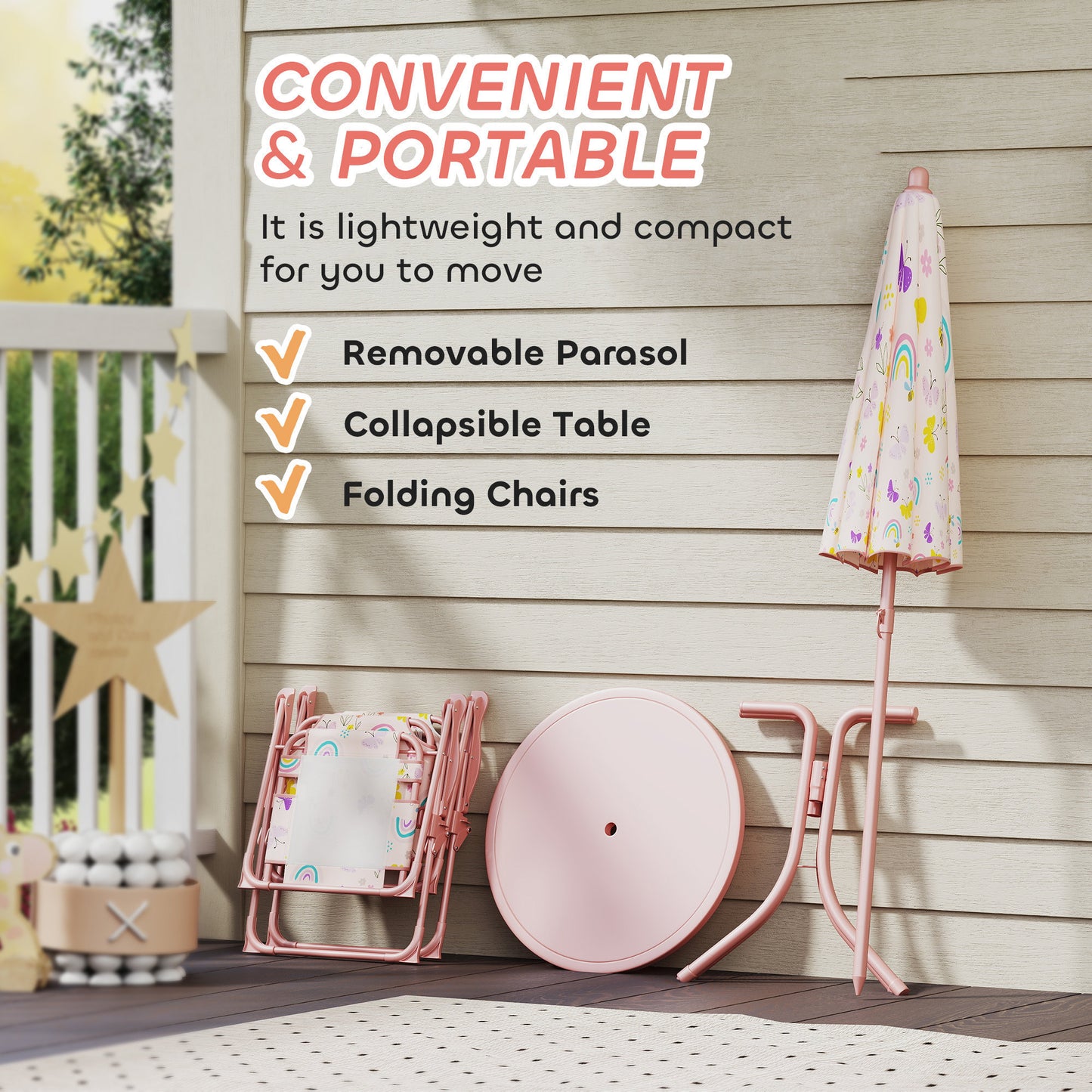 US Local Kids Picnic Table And Chair Set, Outdoor Activity Table With Foldable Chairs, Removable Umbrella For Backyard, Pink