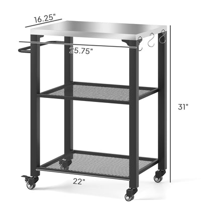 US Local 3-Shelf Outdoor Grill Cart With Stainless Steel Tabletop, Movable Pizza Oven Table With Hooks, Side Handle, Wheels